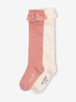 Set van 2 paar hoge meisjessokken in tricot met ajour en kant rouge