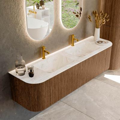 Mondiaz KURVE-DLUX 170 cm Onderkast Greeploos 1 Lade Met Deuren Walnut, Wastafel Solid Surface Dubbel Frappe 2 Kraangaten Zonder Spiegel (KRVLEA170L+R1L2D2KD-Wal/Fra)