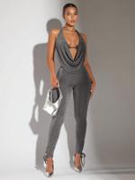 Black Backless Halter Crop Top & Knot Hem Skinny Pants Set Dark Grey / L