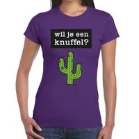 Wil je een knuffel tekst t-shirt paars dames