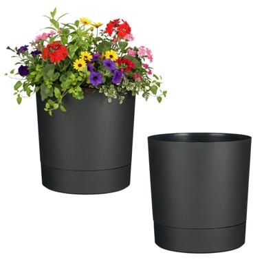 Mica Decorations Bloempot Coco - 2x - met onderschaal - antraciet - H24 x D23 cm - kunststof
