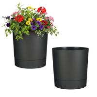 Mica Decorations Bloempot Coco - 2x - met onderschaal - antraciet - H24 x D23 cm - kunststof