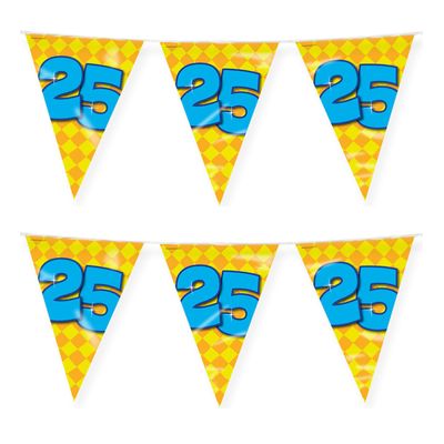 Verjaardag 25 jaar thema vlaggetjes - 2x - feestversiering - 10m - folie - dubbelzijdig Verjaardag 25 jaar thema vlaggetjes - 2x - feestversiering - 10m - folie - dubbelzijdig