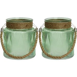 2x stuks windlichten/lantaarns relief - glas - D14 x H16 cm - groen