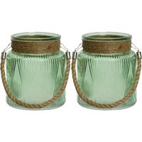 2x stuks windlichten/lantaarns relief - glas - D14 x H16 cm - groen - thumbnail