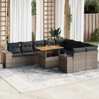 10-delige Loungeset met kussens poly rattan acacia grijs