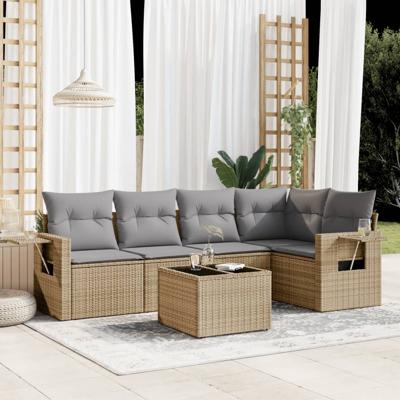 6-delige Loungeset met kussens poly rattan beige