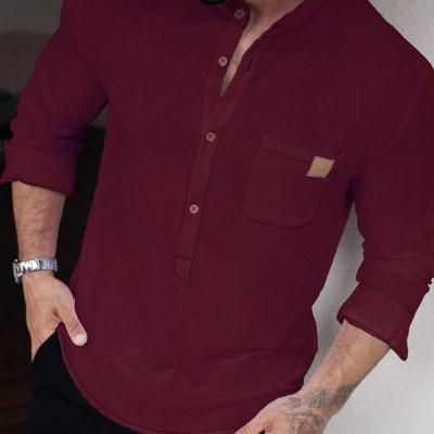 Bon&Bon Men's White Long Sleeve Button Up Shirt | Loose Fit Stand Collar Burgundy / XXL