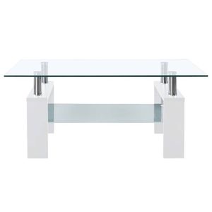 The Living Store Salontafel - gehard glas - melamine poten - 95x55x40cm - wit en transparant