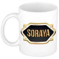 Soraya naam / voornaam kado beker / mok met goudkleurig embleem - Naam mokken
