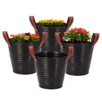 Plantenpot/bloempot emmer Leather - 4x - rond - zink - zwart - D16 x H15 cm