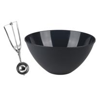Oliebollen bakken set - Beslagkom blauw - kunststof - met ijsbollen lepel 23 cm