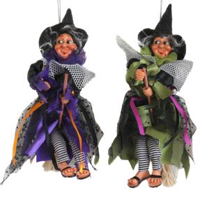 Halloween decoratie heksen pop op bezem - 2x - 25 cm - paars/groen