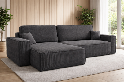 OP=OP Hoekbank Karlo XL Ribstof Antraciet - Slaapbank met opbergruimte