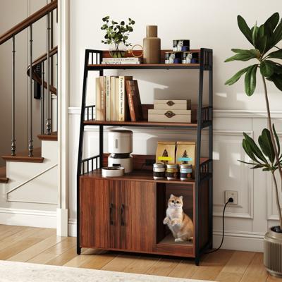 Kattenkast met Boekenplank Oplaadstation 3 Niveaus Krabmat & Ingang 80 x 40 x 132 cm Walnoot