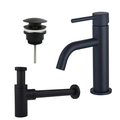 Fortifura Calvi Slim Wastafelkraanset - lage wastafelkraan - klikwaste plug - design sifon - Mat zwart SW377835/SW696199/SW696210