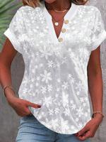 Women's Short Sleeve Blouse Summer White Plain Embroidery Buttoned Cotton V Neck Daily Going Out Simple Top - thumbnail