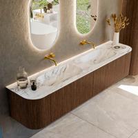 Badmeubel Mondiaz Kurve-Dlux | 200 cm | Meubelkleur Walnut | Wastafelkleur Glace | Solid surface | Dubbele spoelbak | Zonder kraangat(en)