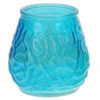 Windlicht geurkaars - 3x - blauw glas - 48 branduren - citrusgeur - thumbnail