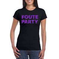 Zwart Foute Party t-shirt met paarse glitters dames - thumbnail