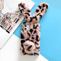 For iPhone 11 Plush Leopard Rabbit Print Phone Protect Case(Pink)