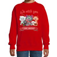 Kersttrui/sweater voor jongens/meisjes - we wish you - rood - Kerst poesjes - thumbnail