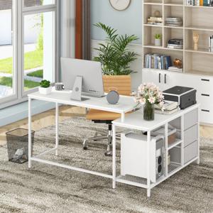 Ombouwbaar Hoekbureau met Stopcontact L-Vormig Bureau met 3 Stoffen Lades en Metalen Legplanken van Gaas Bureau van 205 cm Wit