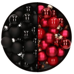 Mini kerstballen - 48x st - rood en zwart - 2,5 cm - glas