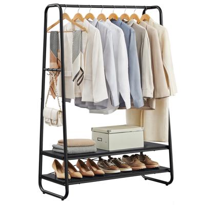 Kledingrek met 2 planken en 6 haken, Ebbenhout Zwart + Mat Zwart / 100B cm