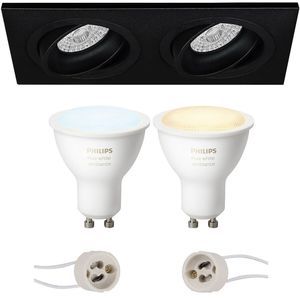 Pragmi Borny Pro - Inbouw Rechthoek Dubbel - Mat Zwart - Kantelbaar - 175x92mm - Philips Hue - LED Spot Set GU10 - White Ambiance - Bluetooth