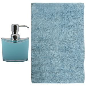 MSV badkamer droogloop mat/tapijt - Bologna - 45 x 70 cm - bijpassende kleur zeeppompje - lichtblauw - Badmatjes