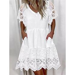 Dames Witte jurk Kanten jurk Casual jurk Mini-jurk Kant Lapwerk Afspraakje Maxi A-lijn V-hals Korte mouw Wit Kleur Lightinthebox