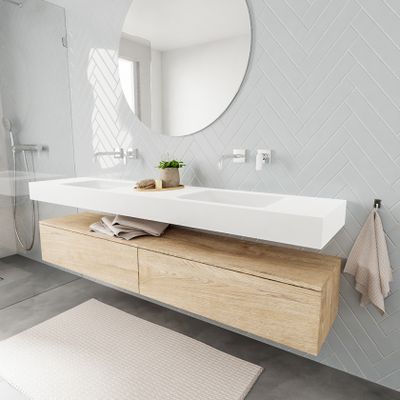 Mondiaz Alan badmeubel 200 cm washed oak 2 lades vrijhangend wastafel dubbel zonder kraangat wit
