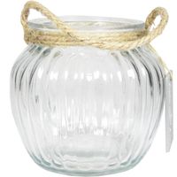 Glazen ronde windlicht Ribbel 2 liter met touw hengsel/handvat 15 x 14,5 cm - Waxinelichtjeshouders - thumbnail