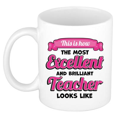 Cadeau koffie/thee mok - excellent leraar/mentor - wit - keramiek - 300 ml Cadeau koffie/thee mok - excellent leraar/mentor - wit - keramiek - 300 ml