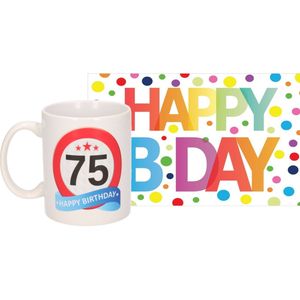 Verjaardag cadeau mok/beker 75 jaar print 300 ml + A5-size wenskaart Happy Birthday