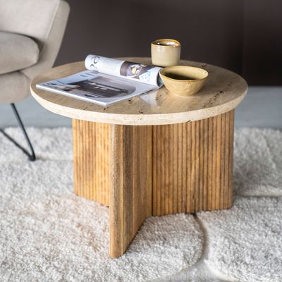 Eleonora Ronde Bijzettafel 'Sara' Mangohout en travertin, 60cm