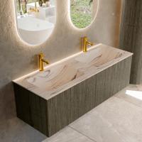 Badmeubel Mondiaz Kurve-Dlux | 130 cm | Meubelkleur Shadow | Wastafelkleur Nata | Solid surface | Wasbak beide zijden spoelbak | 2 kraangaten