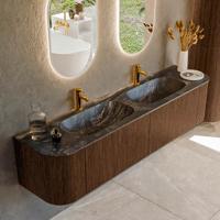 Badmeubel Mondiaz Kurve-Dlux | 190 cm | Meubelkleur Walnut | Wastafelkleur Lava | Solid surface | Dubbele spoelbak | 2 kraangaten