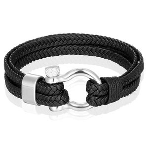 Nautische heren armband Leer Edelstaal Zwart Zilverkleurig - 21cm