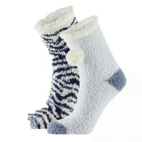 Dames bedsokken/huissokken 2-pack licht blauw/zebra print one size