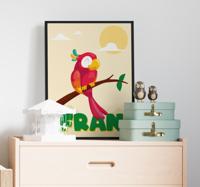 Rode papegaai met naam kinderkamer poster