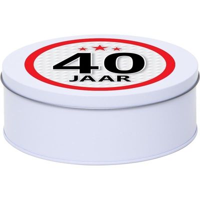 Cadeau/kado wit rond blik 40 jaar 18 cm