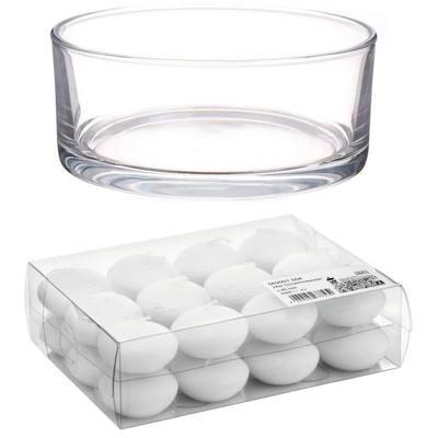 Cadeau set/Sfeer set van een lage luxe transparante vaas - 8 x 19 cm - met 24x witte drijfkaarsen