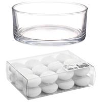 Cadeau set/Sfeer set van een lage luxe transparante vaas - 8 x 19 cm - met 24x witte drijfkaarsen