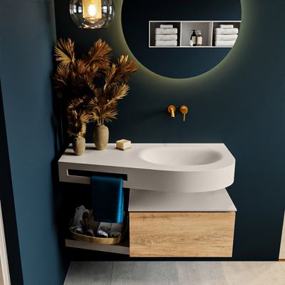 MONDIAZ RIVA 100cm badmeubel onderkast / planchet kleur Washed_Oak met 1 lade. Wastafel DULCET rechts 0 kraangaten kleur Linen. MONDIAZ RIVA 100cm badmeubel onderkast / planchet kleur Washed_Oak met 1 lade. Wastafel DULCET rechts 0 kraangaten kleur Linen.