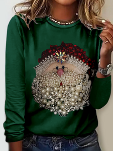 Women's Christmas Santa Claus Print Casual Crew Neck Regular Fit Long Sleeve Shirt