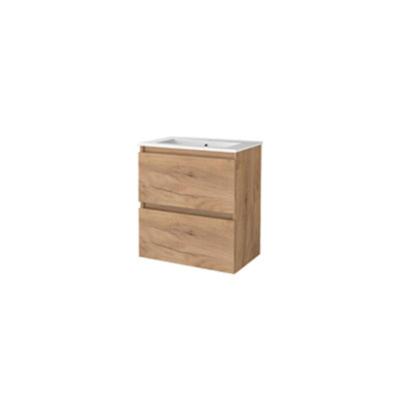 Basic-Line Start 39 Badkamermeubelset - Ondiep - 60 x 39 cm - Greeploos - 2 Lades - Keramische Wastafel - 1 Kraangat - Whisky Oak