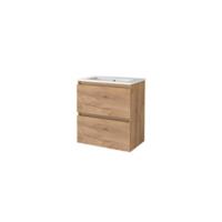 Basic-Line Start 39 Badkamermeubelset - Ondiep - 60 x 39 cm - Greeploos - 2 Lades - Keramische Wastafel - 1 Kraangat - Whisky Oak