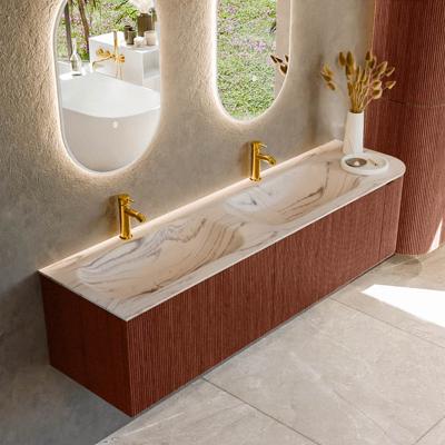 Badmeubel Mondiaz Kurve-Dlux | 175 cm | Meubelkleur Ruby | Wastafelkleur Nata | Solid surface | Dubbel / Links spoelbak | 2 kraangaten